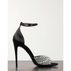 Gucci Ilse Crystal-Embellished Open Toe Satin Heel Sandals Black  EU 39 US 9